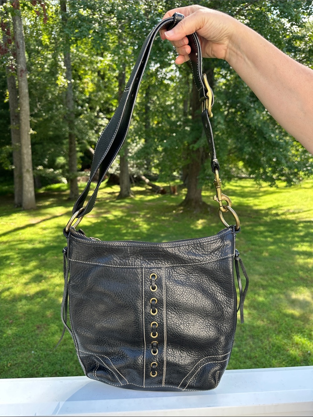 Coach Black Pebbled Leather Shoulder Bag with Brass Eyelet Detail